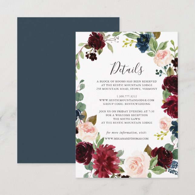 Burgundy Navy Floral Mariage Détails Carte (Devant / Derrière)