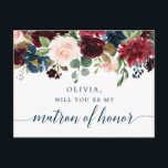 Burgundy Navy Floral Matron of Honour Proposal Car Postcard<br><div class="desc">Pop the question with this lovely card! Easily edit the name and the message on the back - then add to cart!

See the entire Burgundy Navy collection for more matching items!</div>