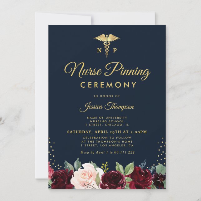 Burgundy navy floral Nurse pinning ceremony Invitation (Front)