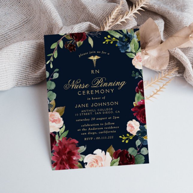 burgundy navy floral Nurse pinning ceremony Invitation (Creator Uploaded)