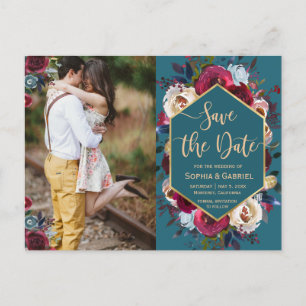 Burgundy Navy Floral on Teal Photo Save the Date Announcement Postcard