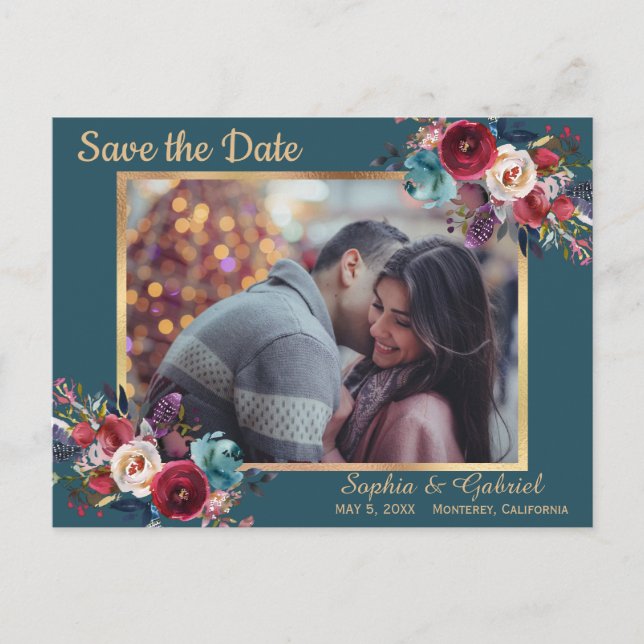 Burgundy Navy Floral on Teal | Photo Save the Date Announcement Postcard (Front)