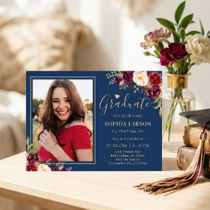 Burgundy Navy Floral Photo Graduation Celebration Invitation