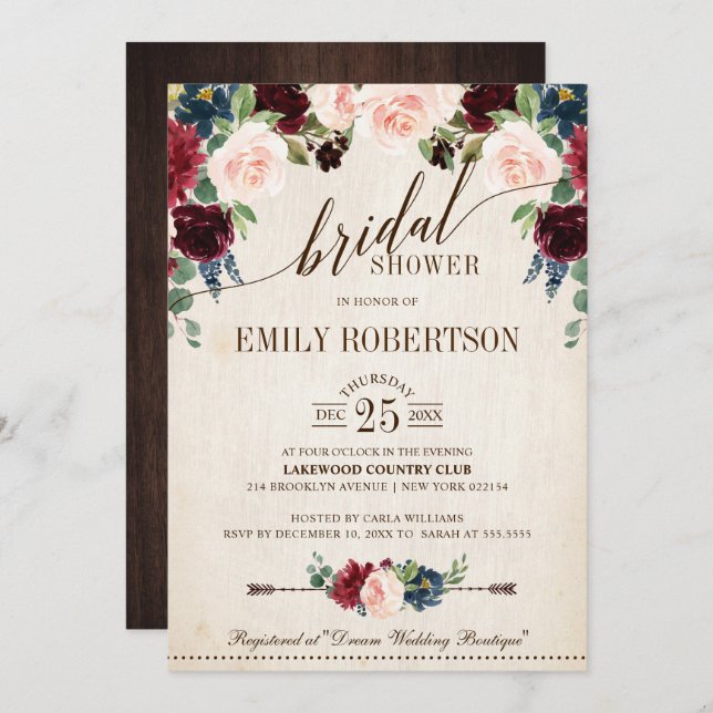 Burgundy Navy Floral Rustic Boho Bridal Shower Invitation (Front/Back)