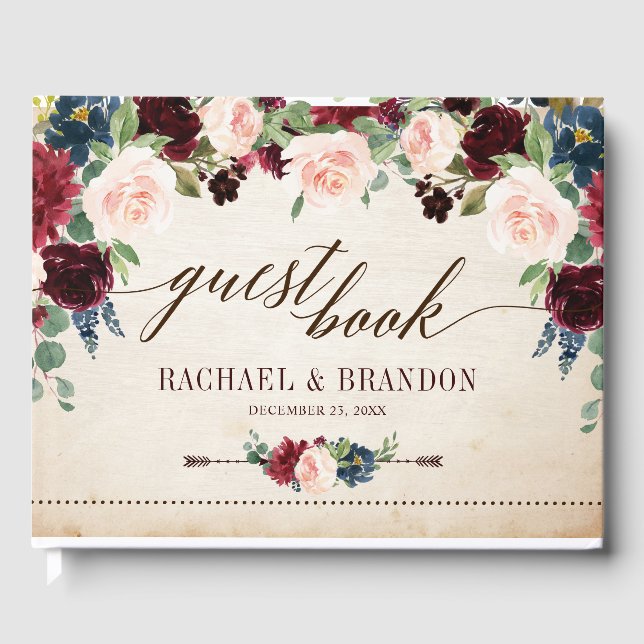 Burgundy Navy Floral Rustic Boho Country Wedding Guest Book (Front)
