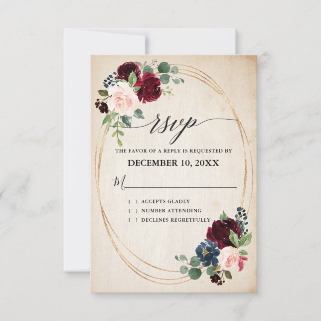 Burgundy Navy Floral Rustic Boho Country Wedding RSVP Card (Front)