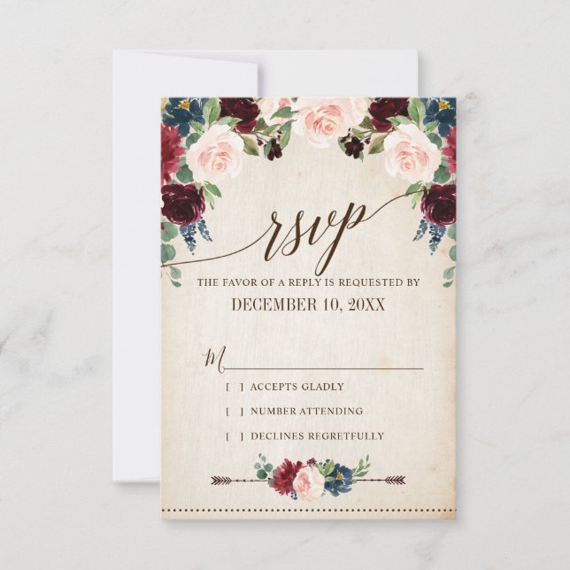 Burgundy Navy Floral Rustic Boho Country Wedding RSVP Card (Front)