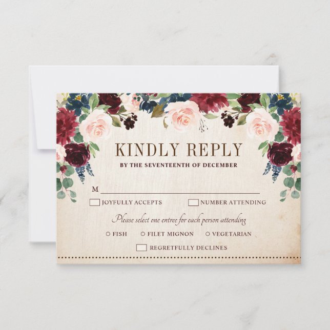 Burgundy Navy Floral Rustic Boho Country Wedding RSVP Card (Front)
