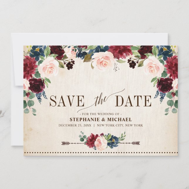 Burgundy Navy Floral Rustic Boho Country Wedding Save The Date (Front)