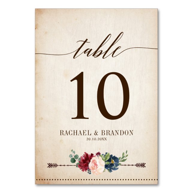 Burgundy Navy Floral Rustic Boho Country Wedding Table Number (Front)