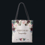 Burgundy Navy Floral Rustic Boho Country Wedding Tote Bag<br><div class="desc">Watercolor burgundy red navy blush pink rustic country bohemian classy floral Bridal shower bridesmaid gift tote bag template with green botanical foliage and eucalyptus leaves in wooden background. This beautiful easy to customize design can match easily with your wedding colours, styles and theme and it is a perfect choice for...</div>