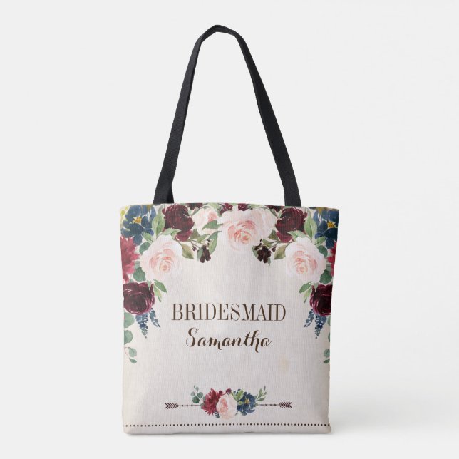 Burgundy Navy Floral Rustic Boho Country Wedding Tote Bag (Back)