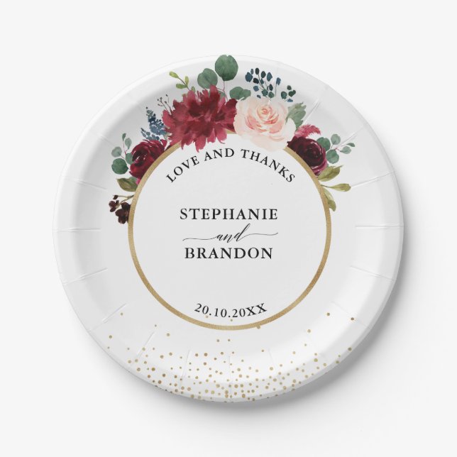 Burgundy Navy Floral Rustic Boho wedding Paper Plate (Front)