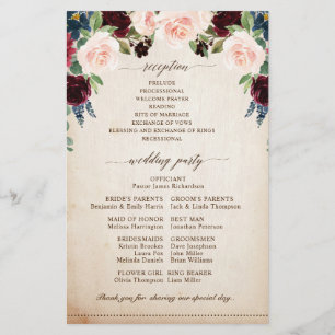 Burgundy Navy Floral Rustic Boho Wedding Program