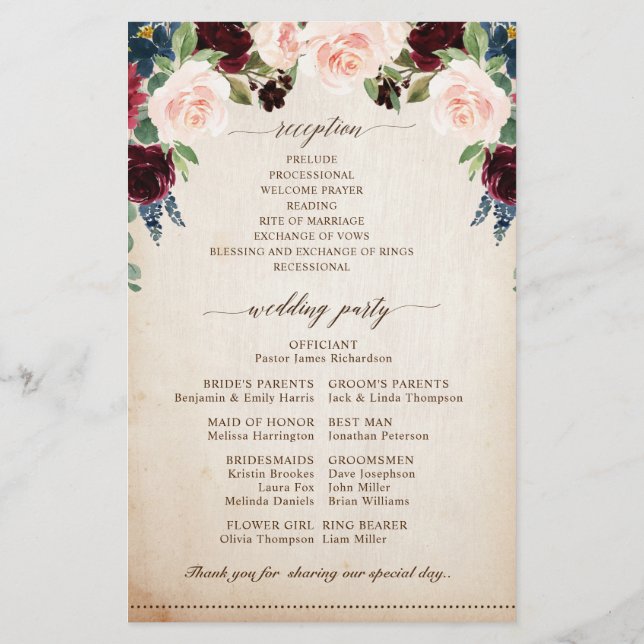 Burgundy Navy Floral Rustic Boho Wedding Program (Back)