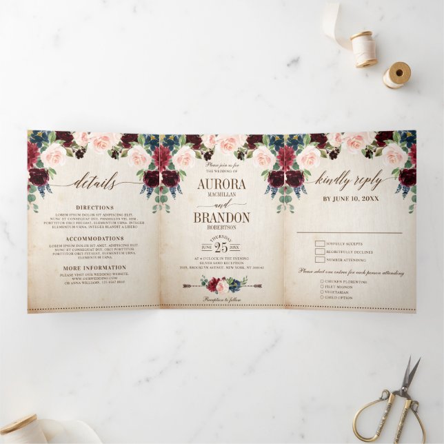 Burgundy Navy Floral Rustic Country Boho Wedding Tri-Fold Announcement (Inside)