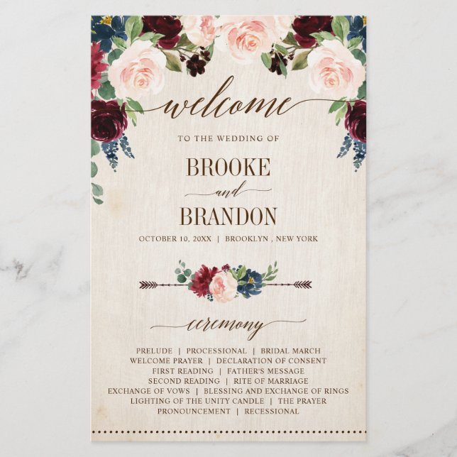Burgundy Navy Floral Rustic Country Program (Front)