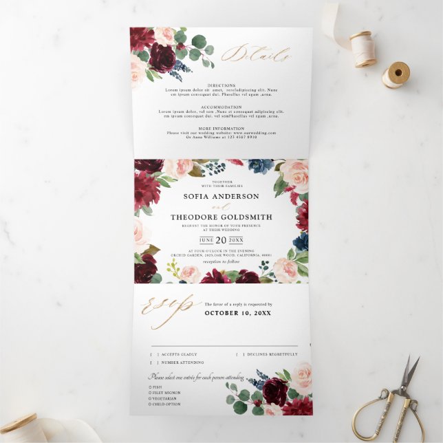 Burgundy Navy Floral Rustic Country Wedding Tri-Fold Announcement (Inside)