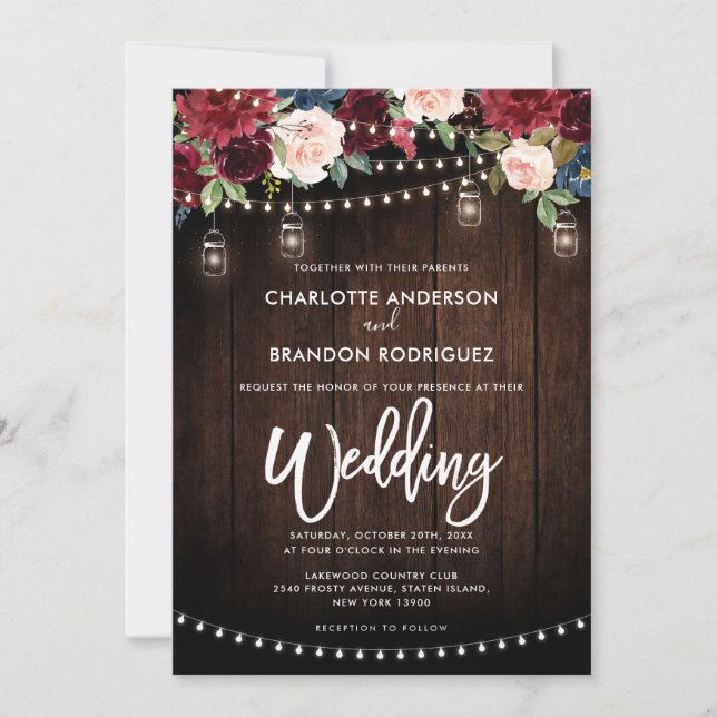 Burgundy Navy Floral Rustic String Light Wedding Invitation (Front)