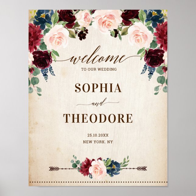 Burgundy Navy Floral Rustic Wedding welcome Sign (Front)