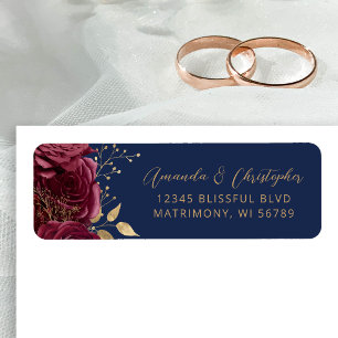 Burgundy Navy Floral Script Wedding Return Address