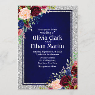Burgundy Navy Floral Silver Frame Invitation