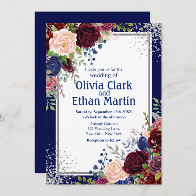 Burgundy Navy Floral Silver Glitter Invitation (Front/Back)