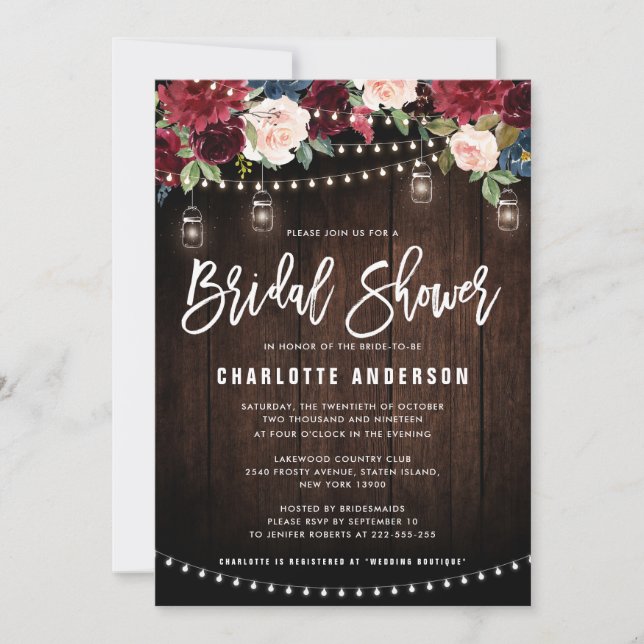 Burgundy Navy Floral String Light Bridal Shower Invitation (Front)