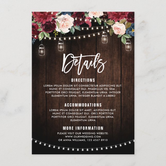 Burgundy Navy Floral String Light mason jar Enclosure Card (Front)