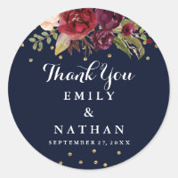 Burgundy Navy Floral Thank You Wedding Sticker