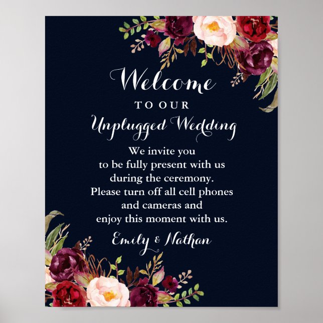 Burgundy Navy Floral Unplugged Wedding Sign (Front)