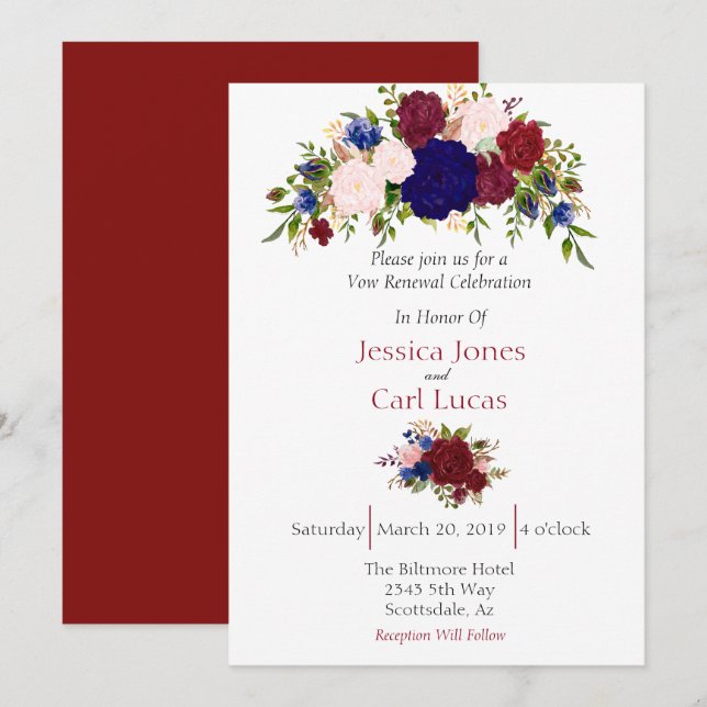 Burgundy Navy Floral Watercolor Vow Renewal Invitation (Front/Back)