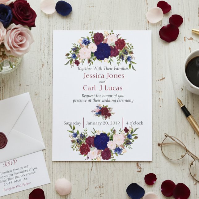 Burgundy Navy Floral Watercolor Wedding Budget Flyer (Creator Uploaded)