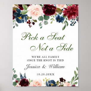 Burgundy Navy Floral Wedding Ceremony Seating Poster