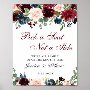 Burgundy Navy Floral Wedding Ceremony Seating Poster