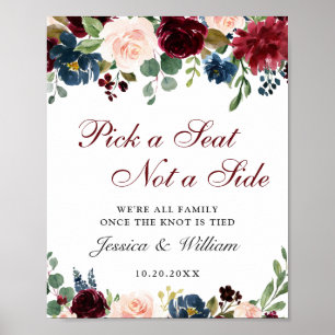 Burgundy Navy Floral Wedding Ceremony Seating Poster