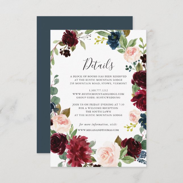 Burgundy Navy Floral Wedding Details Card (Front/Back)