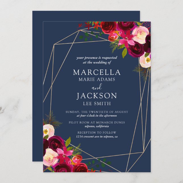 Burgundy & Navy Floral Wedding Invitation (Front/Back)