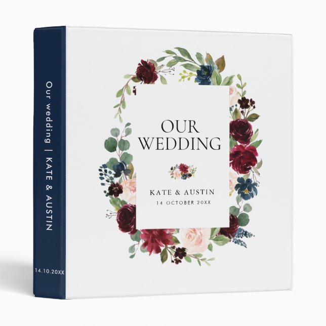 burgundy navy floral wedding photo album binder (Front/Spine)