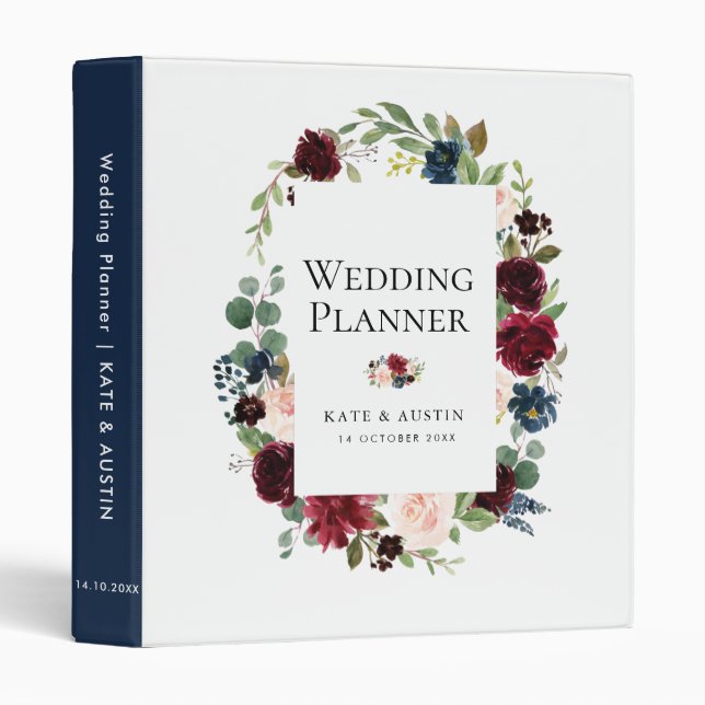 burgundy navy floral wedding planner binder (Front/Spine)