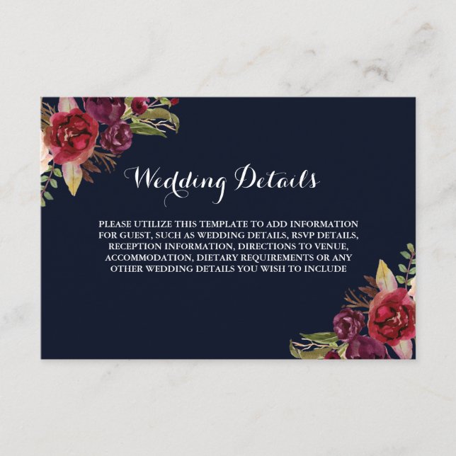 Burgundy Navy Floral Wedding Reception Details Enclosure Card (Front)