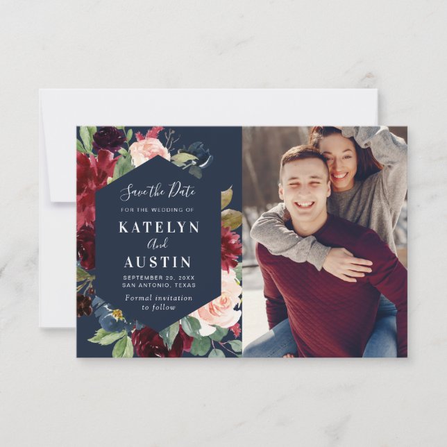 burgundy & navy floral wedding save the date card (Front)