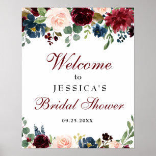 Burgundy Navy Floral Welcome Bridal Shower Sign