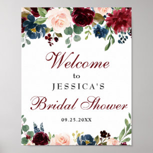 Burgundy Navy Floral Welcome Bridal Shower Sign