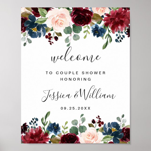 Burgundy Navy Floral Welcome COUPLE SHOWER Sign (Front)