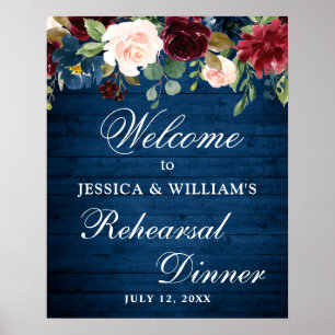 Burgundy Navy Floral Welcome Rehearsal Dinner Sign