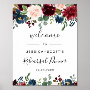 Burgundy Navy Floral Welcome Rehearsal Dinner Sign