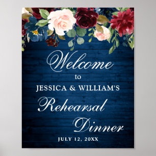 Burgundy Navy Floral Welcome Rehearsal Dinner Sign