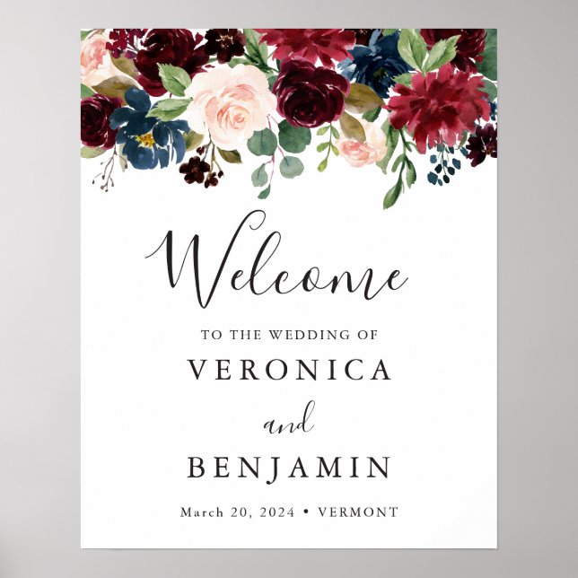 Burgundy Navy Floral Welcome Sign (Front)