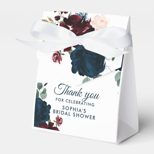 Burgundy & Navy Flowers Rustic Bridal Shower Favor Box (Front Side)